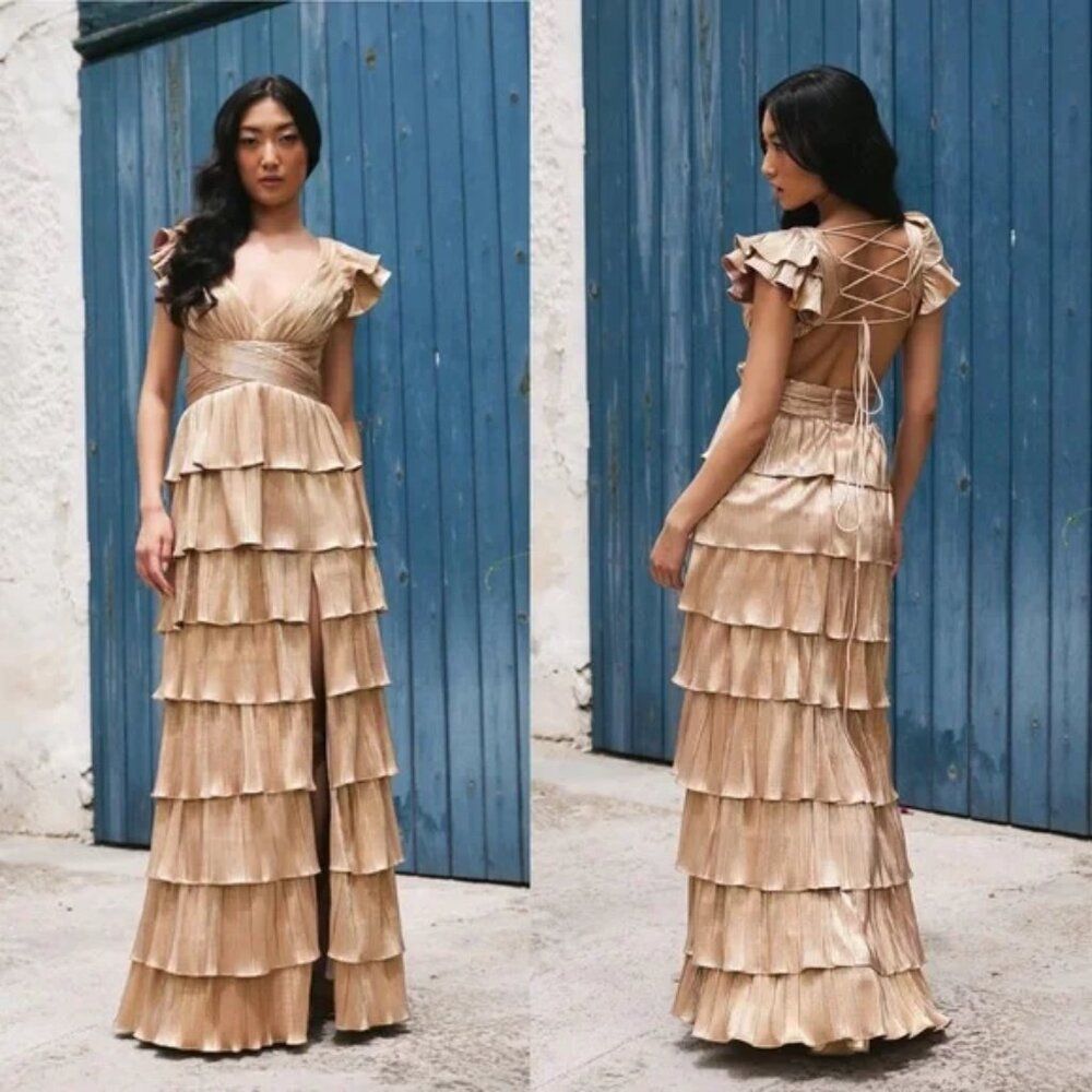 Mac Duggal Size 16 Gold Ruffle Tiered Corset Back Lace Up Gown Long Maxi Dress
